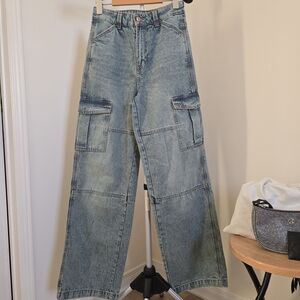 H&M Divided Women’s High Rise Wide Leg Cargo Jeans Acid Wash Blue Size 0